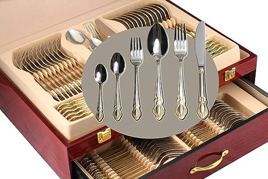 Venezia Collection Gold Flatware Serving Set for 12, 75-Pc Luxury Dining Silverware Cutlery Service, 24 Kt 18/10 Premium Surgical Stainless Steel Hostess Set in a Wooden Storage Case Chest