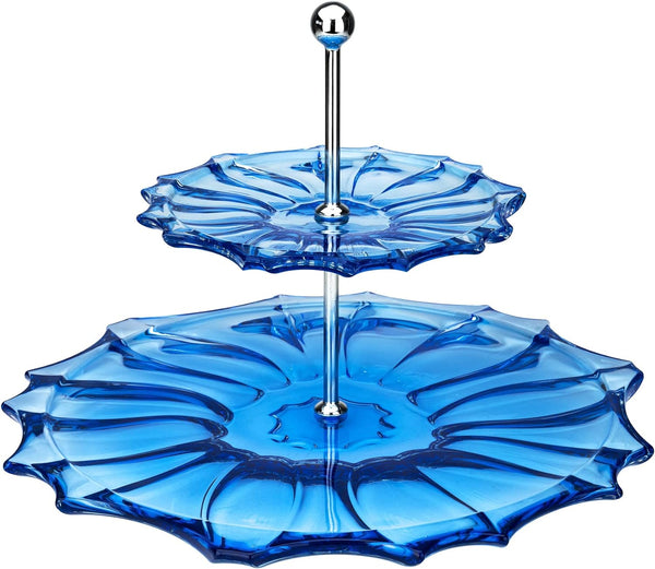 Plantica 2 Collection Crystal Hand-Crafted Decorative Round Tier Cake Stand - Blue-Sprayed, 8.5 Inches