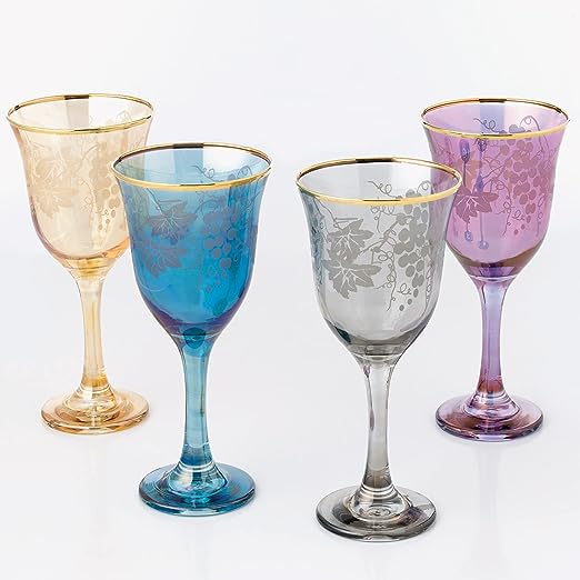 WORLD GIFTS Elegant and Modern Glass Made Glassware Set for Hosting Parties and Events - 9 oz, Wine Goblets Grape, Set of 4, Multicolor