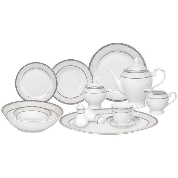 Stylish and Elegant 57 Pieces Porcelain Dinnerware Set Service for 8 People for Hosting Parties and Events - Classic Silver Scroll Design Border