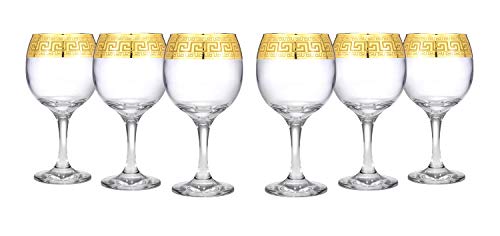 WORLD GIFTS Gold Rimmed Wine Goblet 6-piece Glass Set Greek Key Pattern Contemporary Drinkware