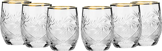 WORLD GIFTS Set of 6 Russian Cut Crystal Shot Glasses 24K Gold Rimmed 1.7 Oz Vodka Shooters - Old-Fashioned Hand Made Glassware