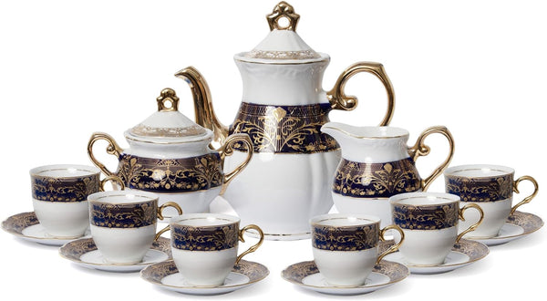 17-Piece Dark Cobalt Blue Tea Cup Coffee Set - 24K Gold-Plated Vintage Flower Pattern, Service for 6