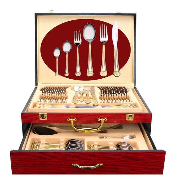 Venezia Collection 75-Pc Luxury Flatware Set for 12 w/Storage Case 24K Gold Premium Dining Cutlery Service - 18/10 Surgical Stainless Steel Silverware Hostess Serving Set in a Chest