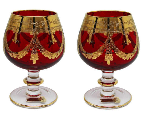 Interglass - Italy, Red Crystal Cognac Snifters Goblets, Vintage Design, 24K Gold Hand Decorated, 10 Oz, SET OF 2