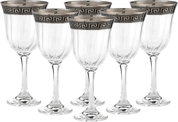 Set of 6 Cristalleria Italian Decor" Crystal Water Beverage Goblet, 12 oz Glasses - Silver Platinum Greek Key Ornament, Hand Made in Italy