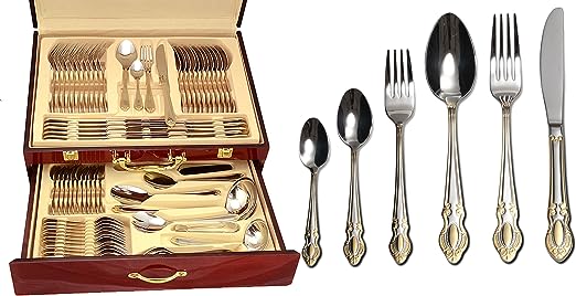 Venezia Collection "Michelangelo" 75-Piece Fine Flatware Set, Silverware Cutlery Dining Service for 12, Premium 18/10 Surgical Stainless Steel, 24K Gold-Plated Hostess Serving Set, Wooden Storage Case