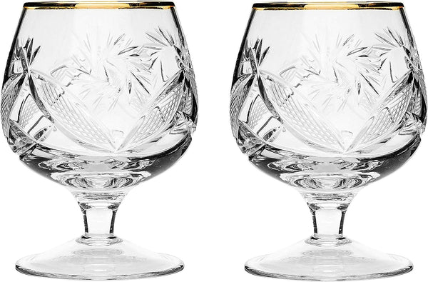 Set of 2 Hand Made Vintage Crystal Glasses, Brandy and Cognac Snifter with 24K Gold Rim, Old-Fashioned Glassware, 7 fluid ounces