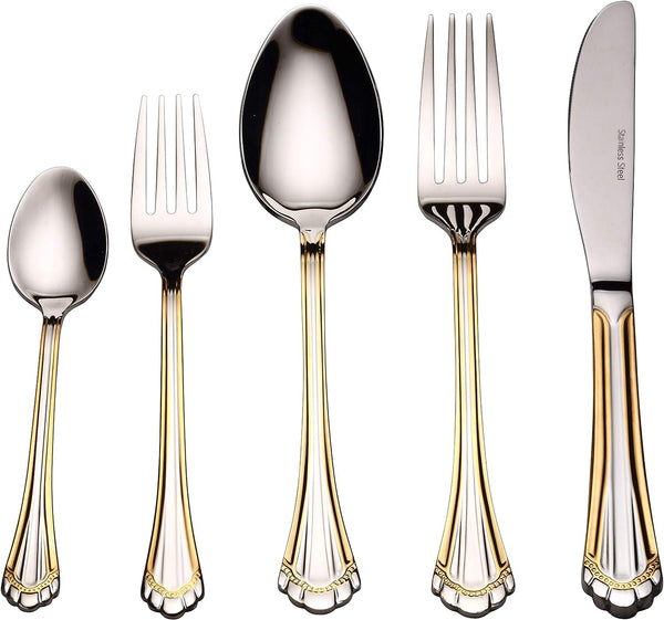 Flatware Set 20-Piece Service for 4, 18/10 Stainless Steel Silverware Cutlery, 24k Gold Plated Accent