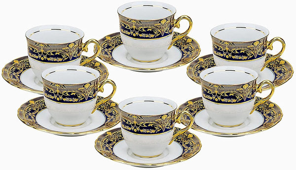 12 Piece Tea Cup Coffee Set, Vintage Cobalt Blue Ornament, 24K Gold-plated Accents, Premium Bone China 6 Cups - 8 oz and Saucers, Original Czech Tableware