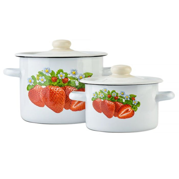 Strawberry Enamel Pot Set of 2 – Vintage Floral Cylindrical Cookware – Non-Toxic, PTFE & PFOA Free - 2 (2L + 4.5L)