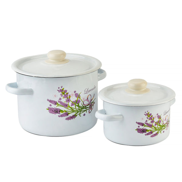 Lavender Bouquet Enamel Pot Set of 2 – Vintage Floral Cylindrical Cookware – Non-Toxic, PTFE & PFOA Free - 2 (2L + 4.5L)