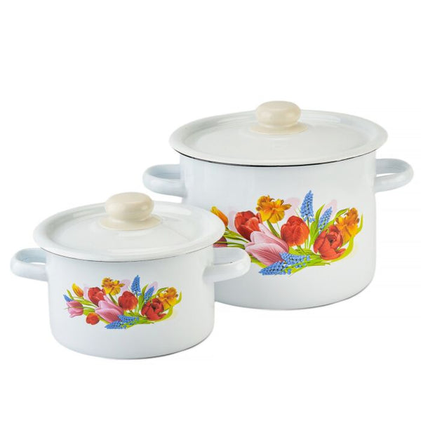Spring Bouquet Enamel Pot Set of 2 – Vintage Floral Cylindrical Cookware – Non-Toxic, PTFE & PFOA Free - 2 (2L + 4.5L)