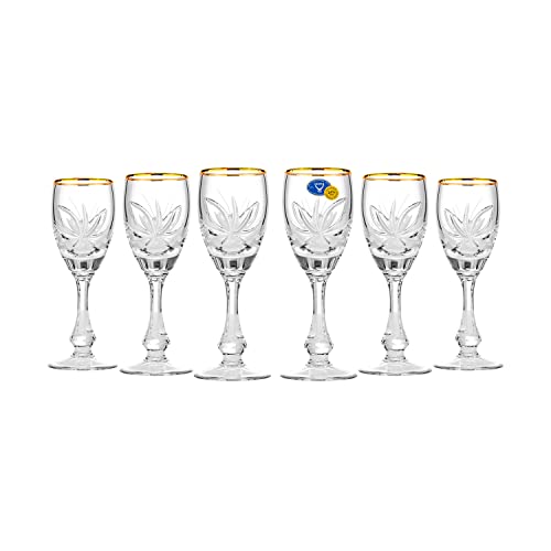 Elegant and Modern Crystal Glasses Set for Hosting Parties and Events - 2.5oz, Sherry Gold Rim Glass, 70ml, Set of 6