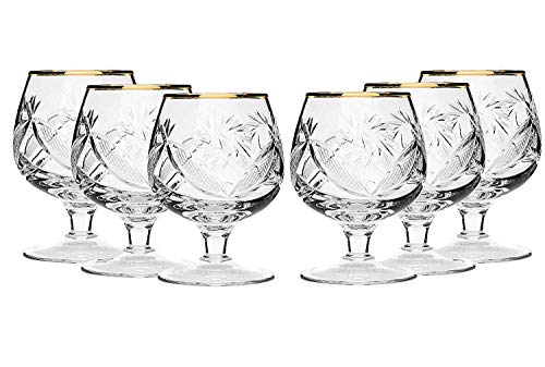 CGG creativegadgets YIROCK Ardour Van Set of 6 Russian Cut Crystal Stemmed Snifter Goblet (10 Oz) for Cognac Scotch Whiskey, 24K Gold Rimmed Glass, Vodka Liquor Old-Fashioned Glassware Hand Made