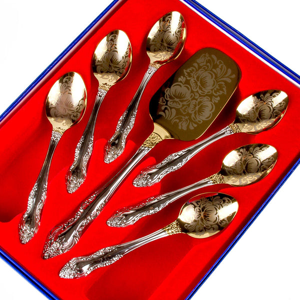 Golden Troika 7-Piece Tea Flatware Set Stainless Steel Floral Design with Hand-Painted Titanium Nitride Coating