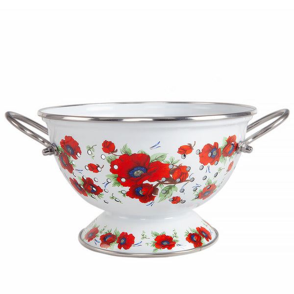 Poppies Enamel Colander Strainer - Enameled Aluminum Kitchen Utensil Mesh Strainer, 2.6-Qt