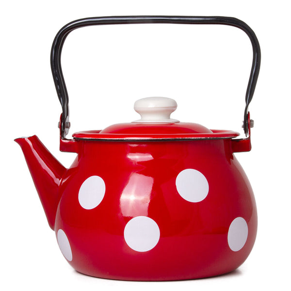 Vintage Red White Polka-dot Enamelware Kettle, Durable Enameled Steel Skillet Ideal for Gas/Electrics