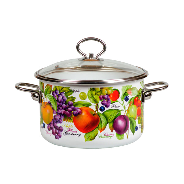 Plums, Apples and Grapes Enamel Stock Pot - Amazing Fruits Collection Cooking Pot Steel Saucepot 2/3/4 qt